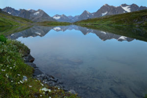 Bremner mines tuba lakes backpacking trip A lake a reflection of the Chugach Mountains between Bremner Mines and Tebay Lakes en route on the Southern Traverse backpacking trip. Wrangell-St. Elias National Park.