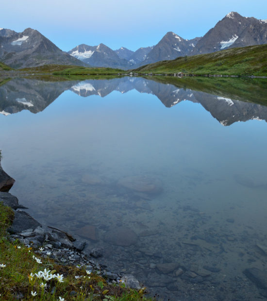 Bremner mines tuba lakes backpacking trip A lake a reflection of the Chugach Mountains between Bremner Mines and Tebay Lakes en route on the Southern Traverse backpacking trip. Wrangell-St. Elias National Park.