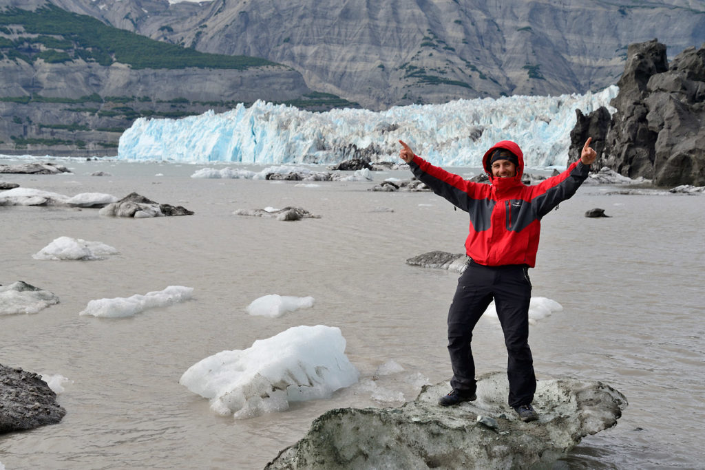 Alaska Sea kayaking vacation Hiking up near Yahtse Glacier on a Icy Bay Sea kayaking trip, Wrangell-St. Elias National Park, Alaska.