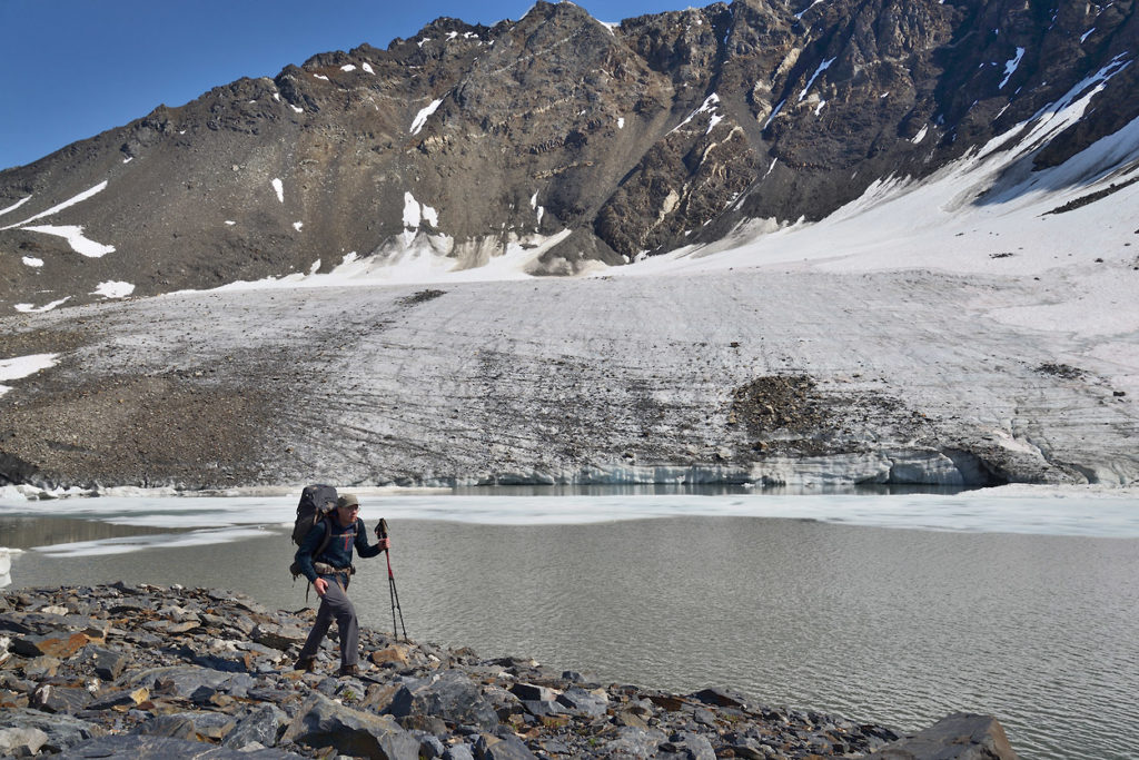 Backpacking trip past a glacier Wrangell - St. Elias National Park Alaska.