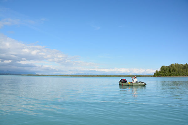 Packrafting Malaspina Lagoon on Lost Coast backpacking and packrafting trip, Wrangell-St. Elias National Park, Alaska.