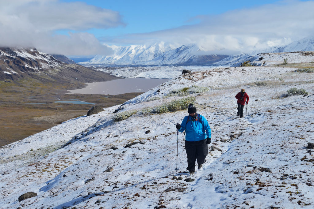 Skolai pass camping trip basecampjng hiking Chitistone Pass in snow Alaska.