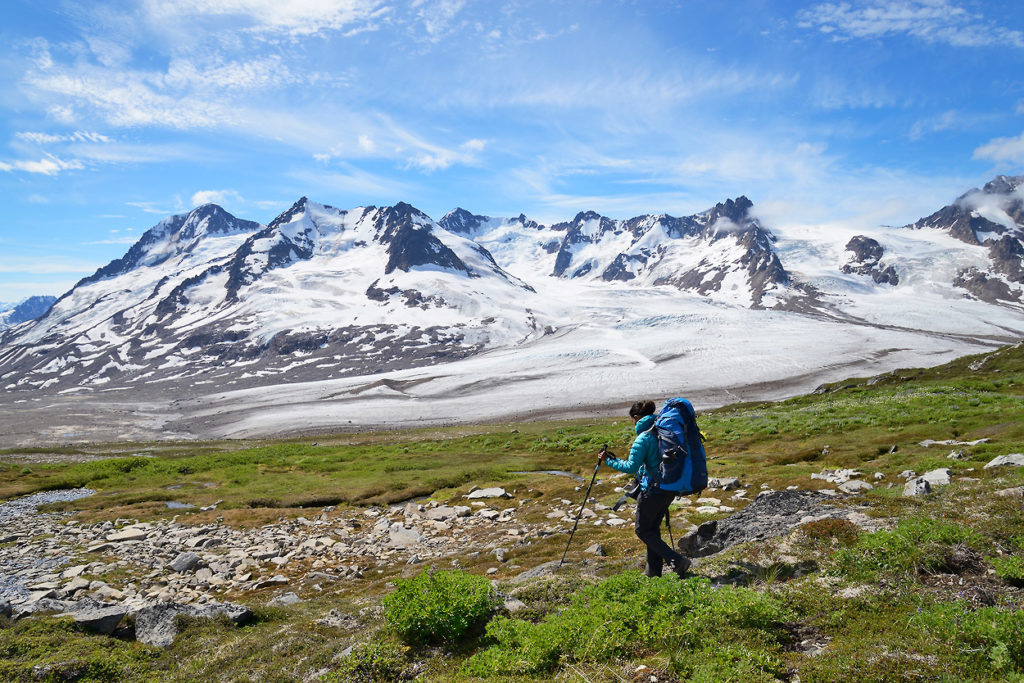 Hiking down the mountain on the Seven Pass backpacking trip Wrangell-St. Elias National Park, Alaska.