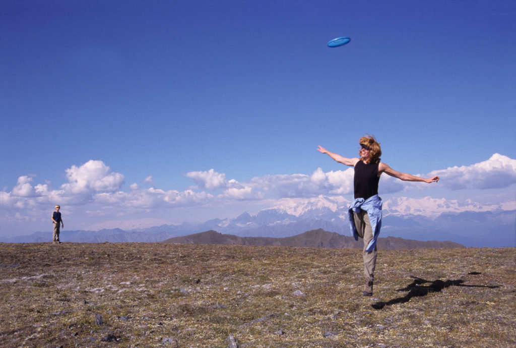 Alaska hiking trips Steamboat Hills alpine frisbee Wrangell-St. Elias National Park, Alaska.