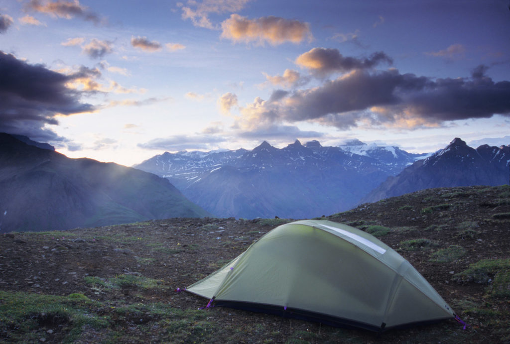 Campsite at Wolverine, the Goat Trail backpacking trip, Wrangell-St. Elias National Park, Alaska.