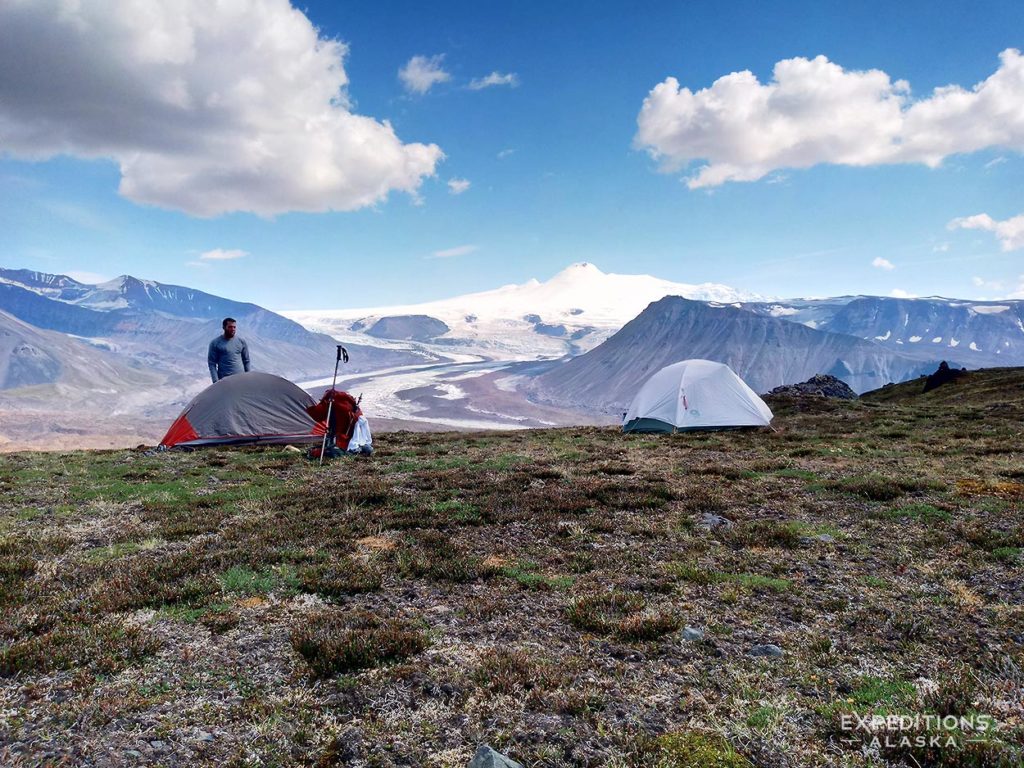 Camping in Wrangell Mountains, backpacking Sanford Plateau, Wrangell-St. Elias National Park, Alaska.