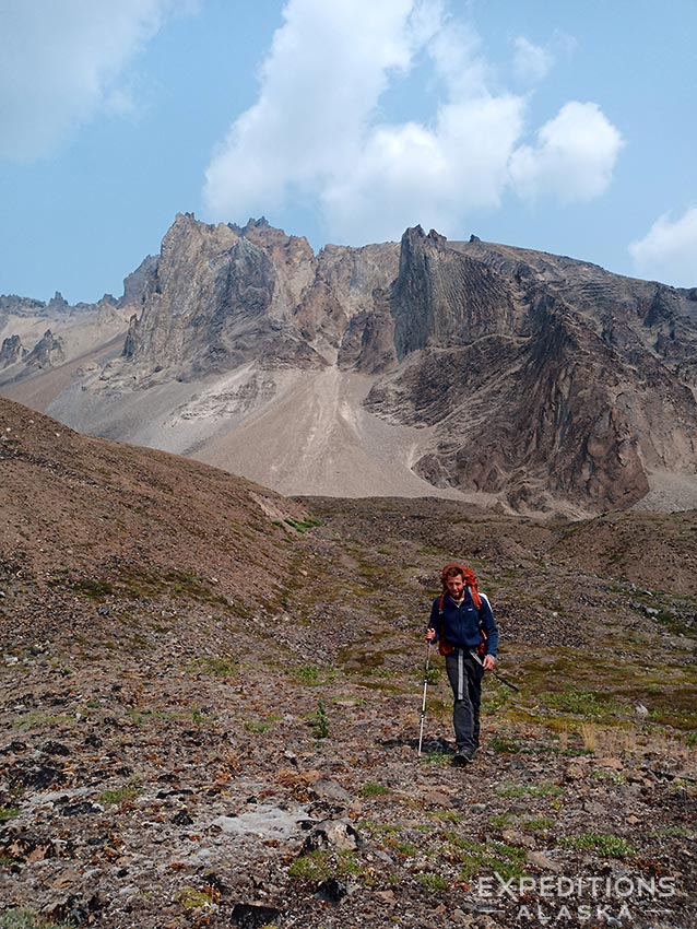 Hiking beneath Wrangell Mountains, Wrangell-St. Elias National Park, Alaska.