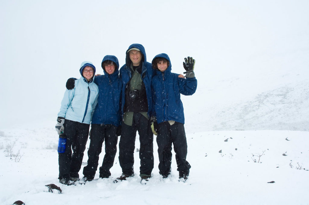 Hiking in heavy snow, Goat Trail trip, Wrangell-St. Elias National Park, Alaska.