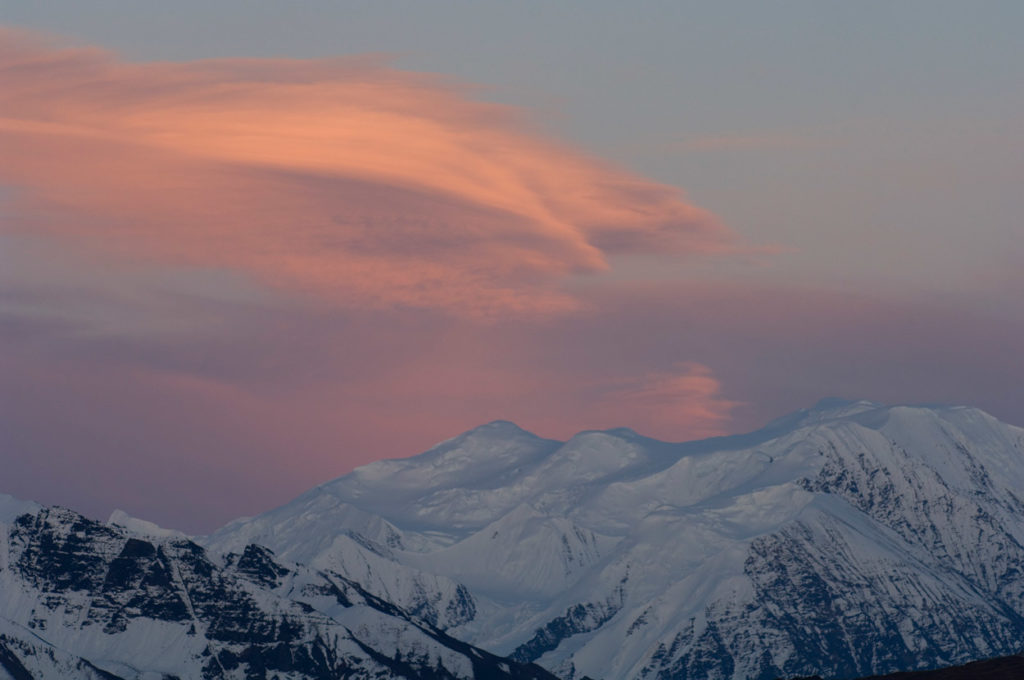 Skolai pass camping trip Sunset over University Peaks Wrangell-St. Elias National Park Alaska.