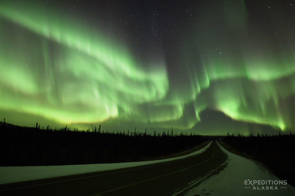 Northern lights photos over Dalton Highway Alaska.