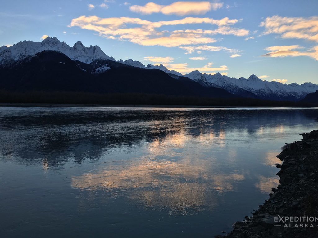 Mountain Range outside Haines Alaska and Chilkat River.