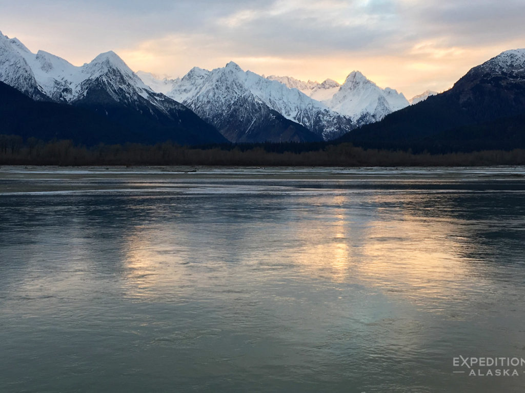 Chilkat Mountains and Chilkat River near Haines, Alaska.