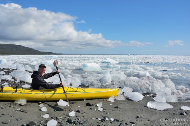 Sea Kayaking in iceberg filled Icy Bay, Wrangell-St. Elias National park, Alaska.