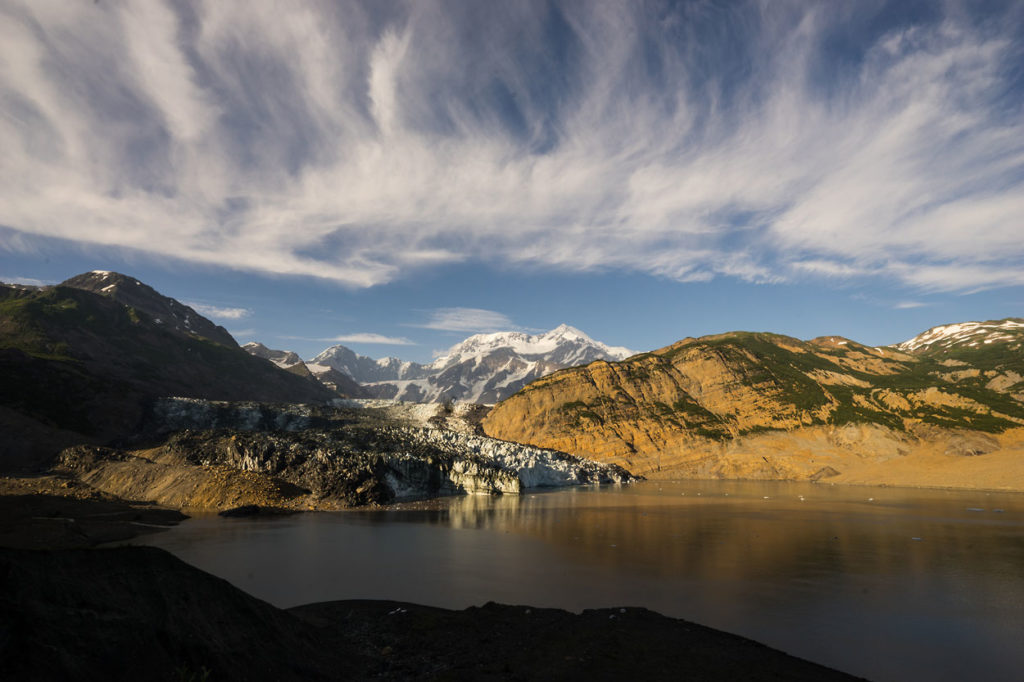 The snout of the glacier and Mt. St. Elias from camp.