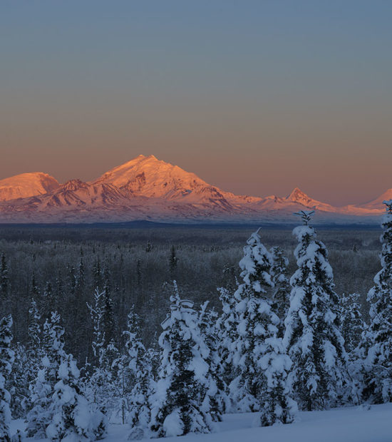 Wrangell Mountains at sunset in winter, Wrangell-St. Elias National Park