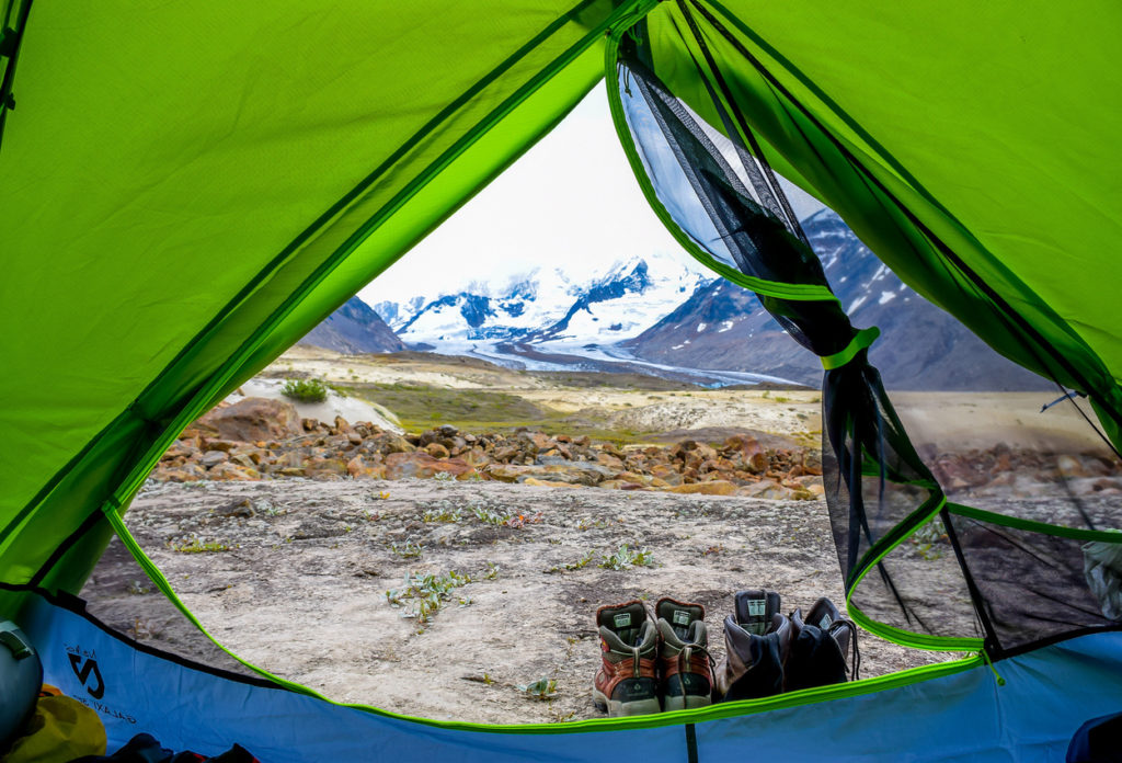 Campsite by the glacier, Seven Pass backpacking route, Wrangell - St. Elias National Park, Alaska.