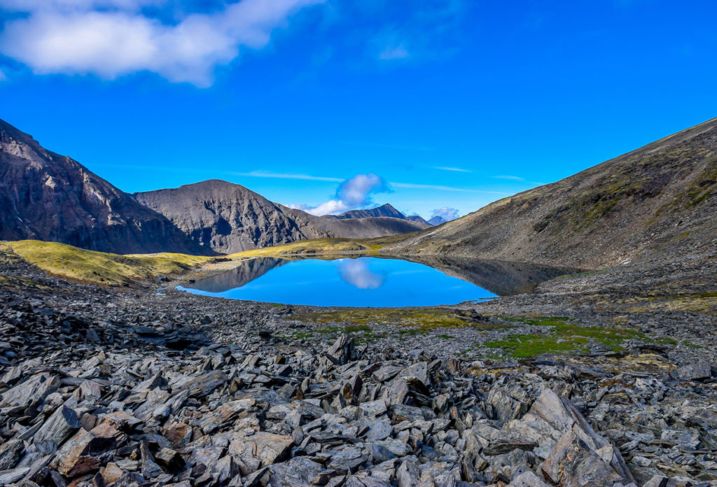 Alpine Pass and a tarn on 7 Pass Route, Wrangell-St. Elias National Park backpacking trips, Alaska.