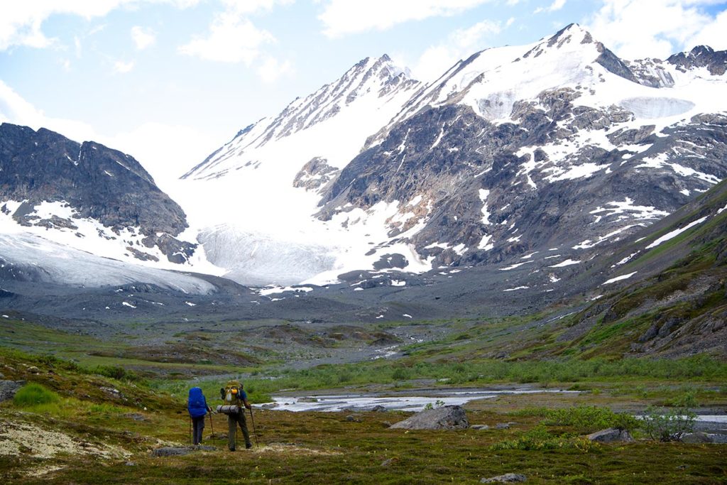 Backpacking trip on glacier Southern Traverse, Alaska.