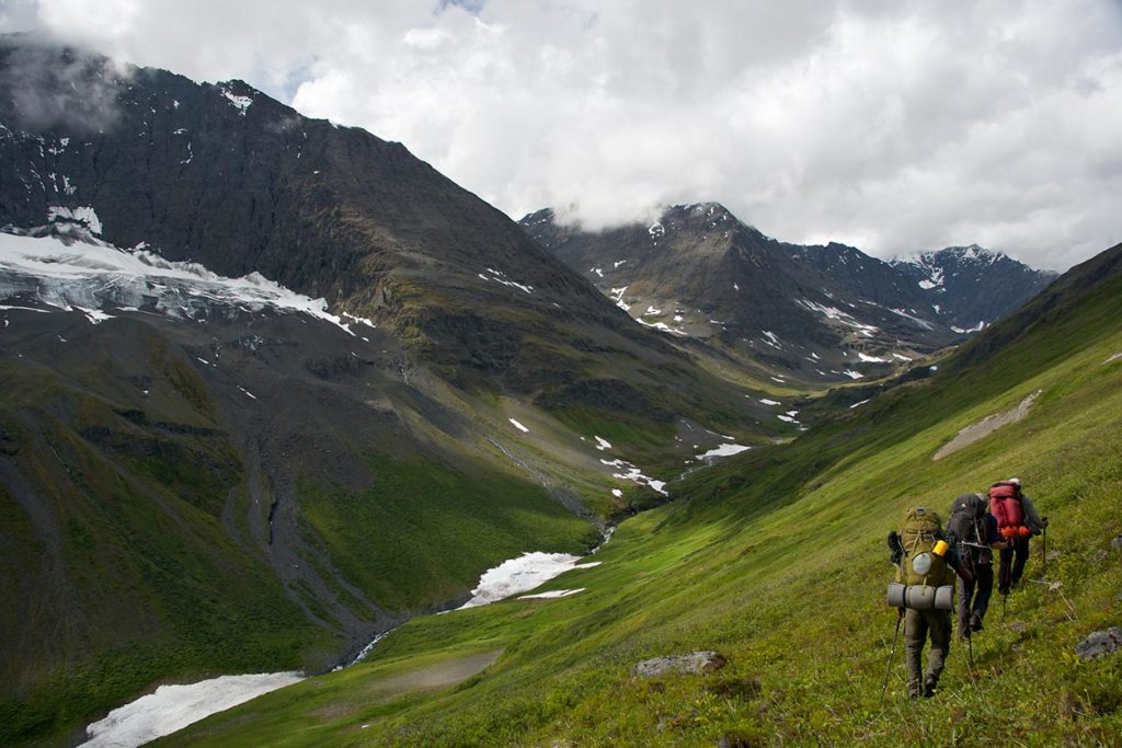 Steep sidehill, Southern Traverse backpacking trip, Alaska.