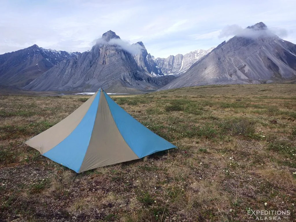Cook tent on Arctic tundra in Gates of the Arctic National Park backpacking trip, Alaska.