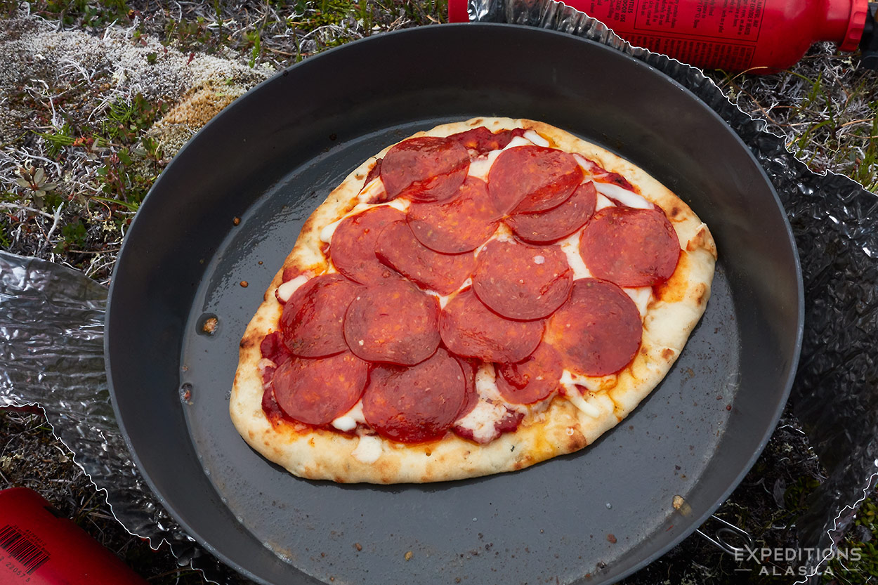 Backcountry pizza, backpacking trip food, Wrangell St. Elias National Park, Alaska.