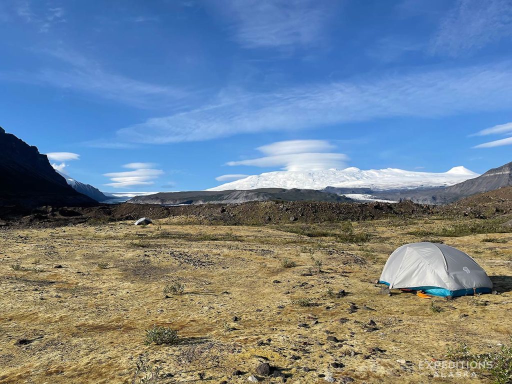 Camping beneath Mt Wrangell, Copper River packrafting trip, Alaska.