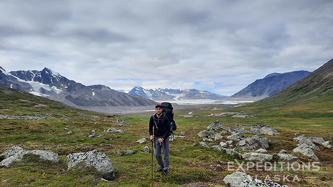 Offtrail Backpacking in alpine terrain, Wrangell-St. Elias National Park, Alaska.