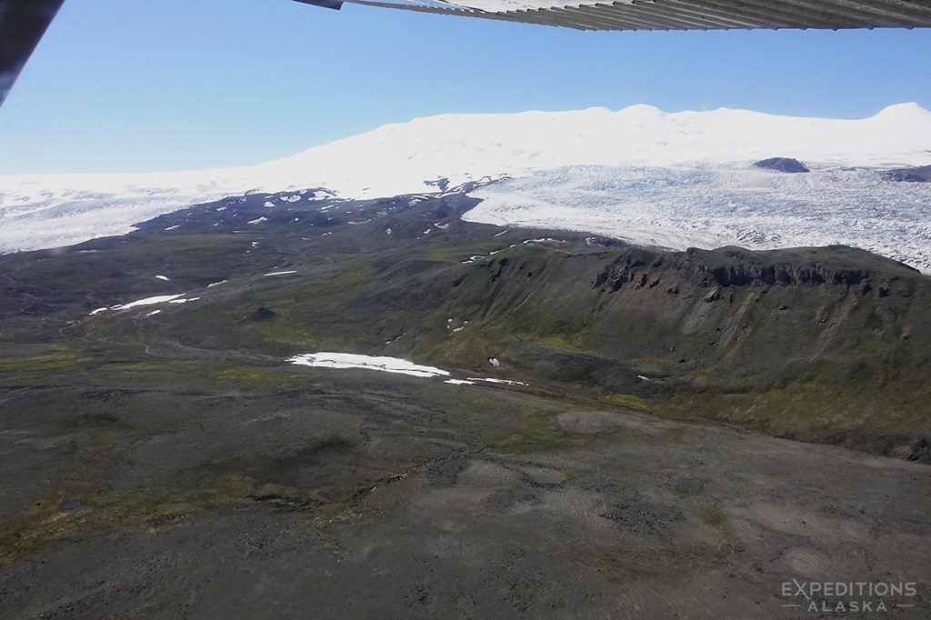 Aerial view of Mt. Wrangell, Wrangell St. Elias National Park backpacking trip.