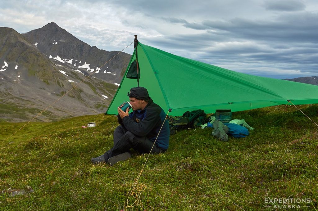 Supper under a tarp, Denali Natilonal Park backpacking trip, Alaska.