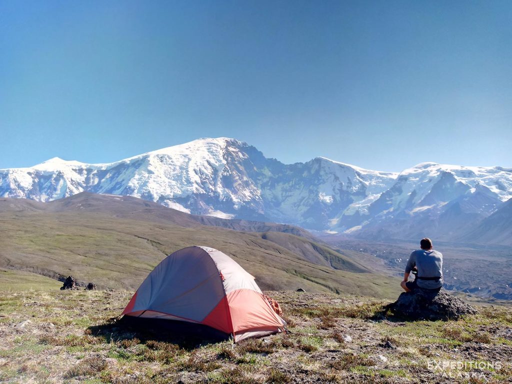 Backpacking backcountry campsite and view of Mt. Sanford in Wrangell-St. Elias National Park nad Preserve, Alaska.