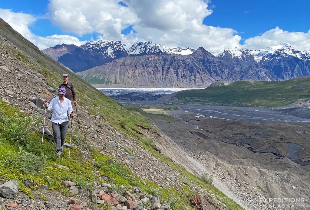 Steeper sidehilling above the moraine, Copper Glacier backpacking trip, Wrangell-St. Elias National Park, Alaska.