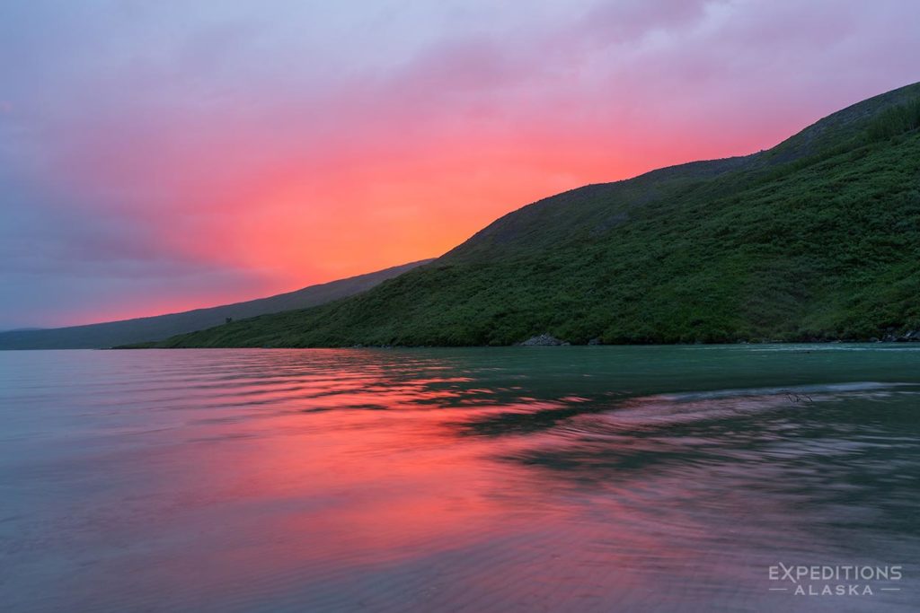 Sunset over Turquoise Lake in Lake Clark National Park backpacking trip.