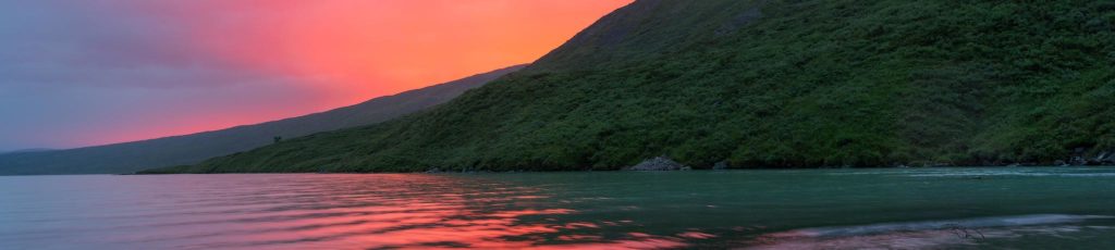 Turquoise Lake at sunset, Lake Clark National Park, Alaska.