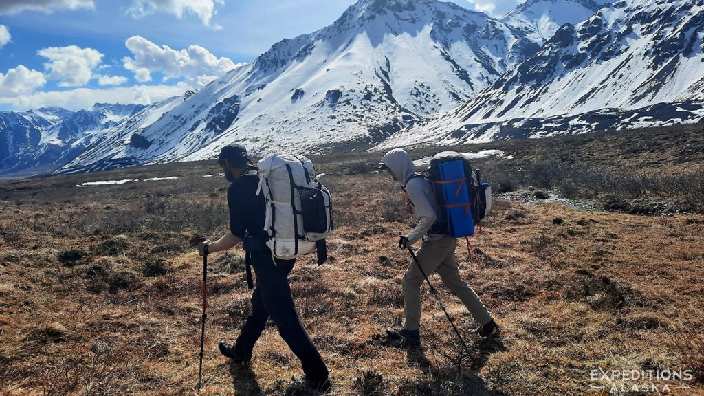 Backpackers crossing the continental divide, Gates of the Arctic National Park, Alaska.