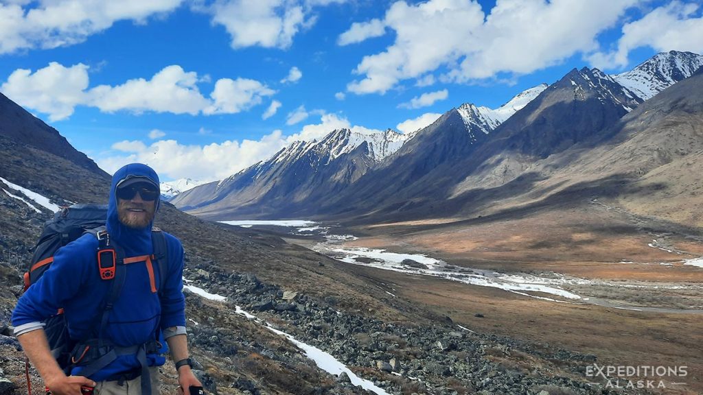 Backpacker in Brooks Mountain Range, Gates of the Arctic National Park, Alaska.