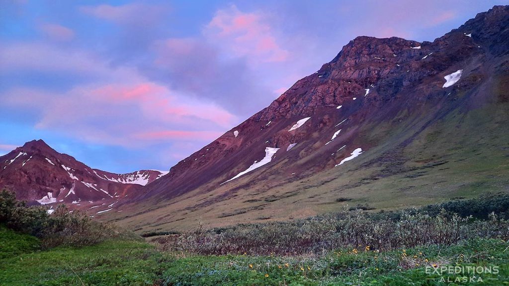 Sunset over the Alaska Range, Turquoise Lake basecamp trip, Lake Clark National Park, Alaska.