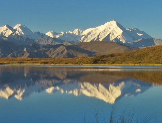 "Denali", officially again known as Mt. Denali, the highest peak in North America, stands above the Alaska Range, a small kettle pond returning a perfect reflection. Denali National Park, Alaska.