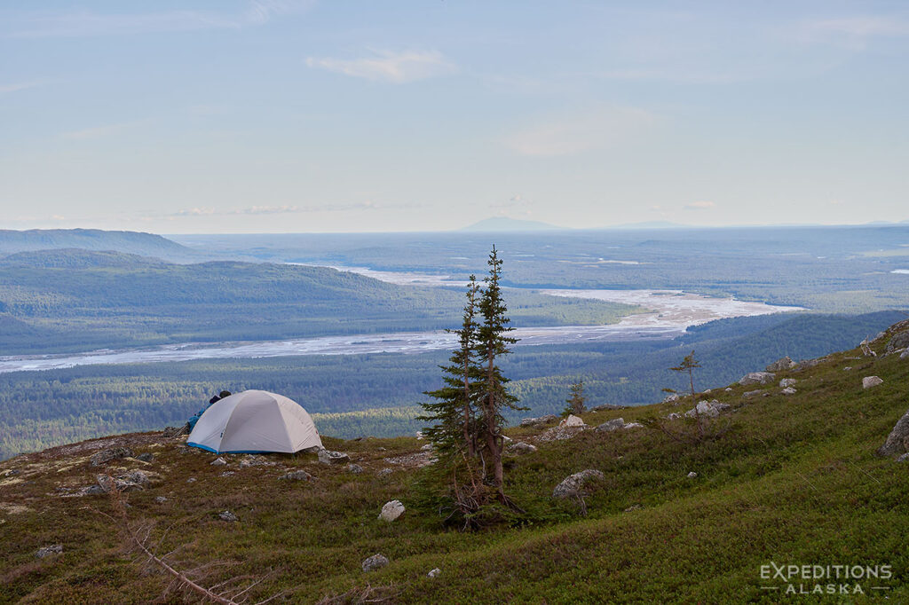 Camp overlooking the river, Denali National Park backpacking trip.