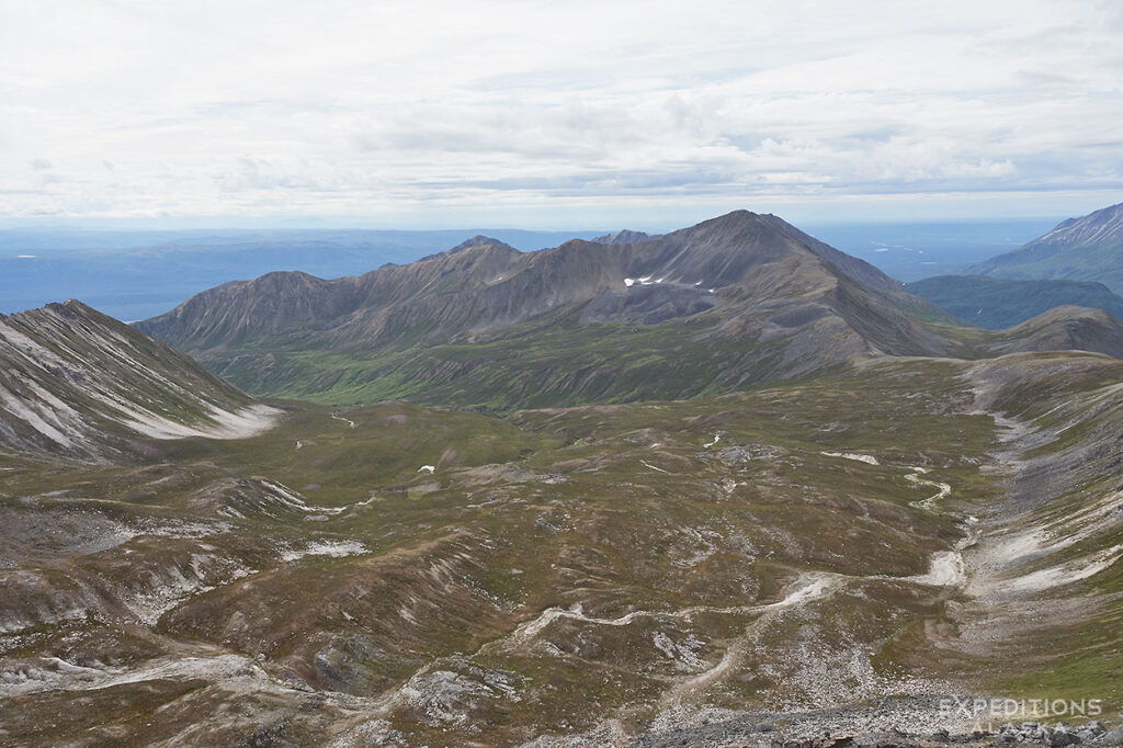 View of alpine terrain on backpacking trip in Denali National Park, Alaska.