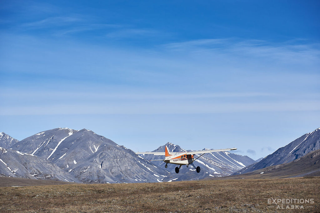 Pilot landing for our Mountains near our landing strip for the Arctic National Wildlife Refuge backpacking trip.