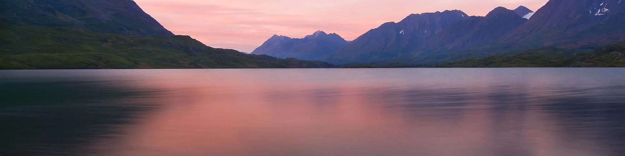 Tebay Lake, Upper Lake, at sunset, in the Chugach Mountains, Wrangell St. Elias National Park, Alaska.