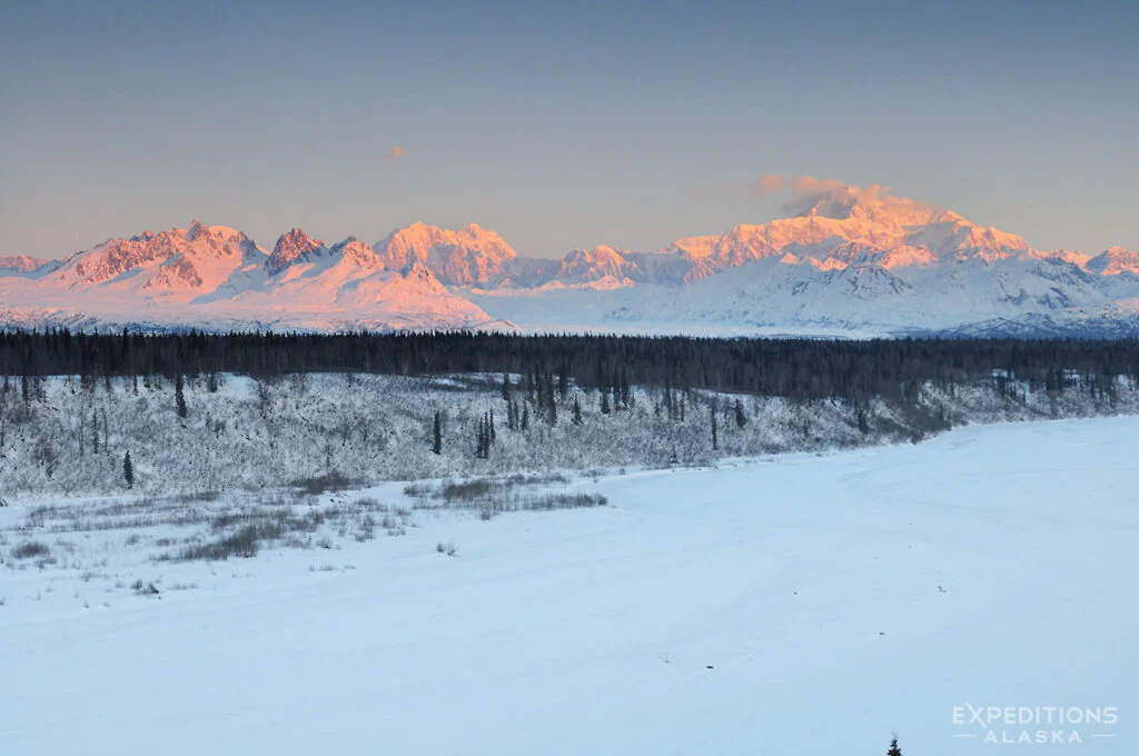 Dawn over Denali in winter.