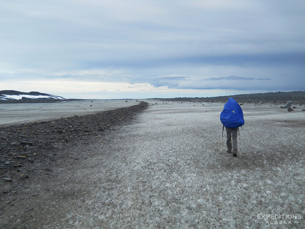 Backpacking on the glacial highway of Malaspina Glacier, Wrangell-St. Elias National Park.