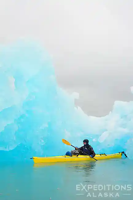 Kayaking near iceberg, Icy Bay, Wrangell-St. Elias National Park, Alaska.