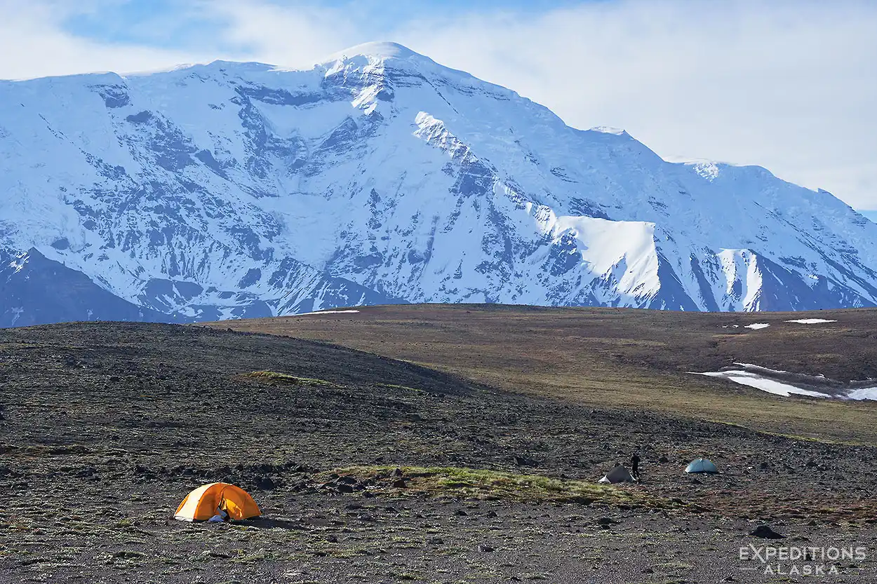 Camped beneath Mount Sanford, Wrangell-St. Elias National Park, Alaska.