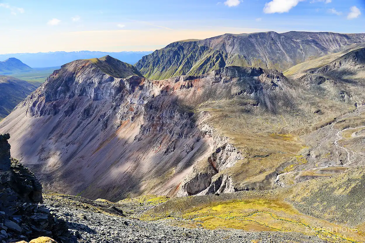 Specatacular views of the high country and tundra on Wrangell Plateau.