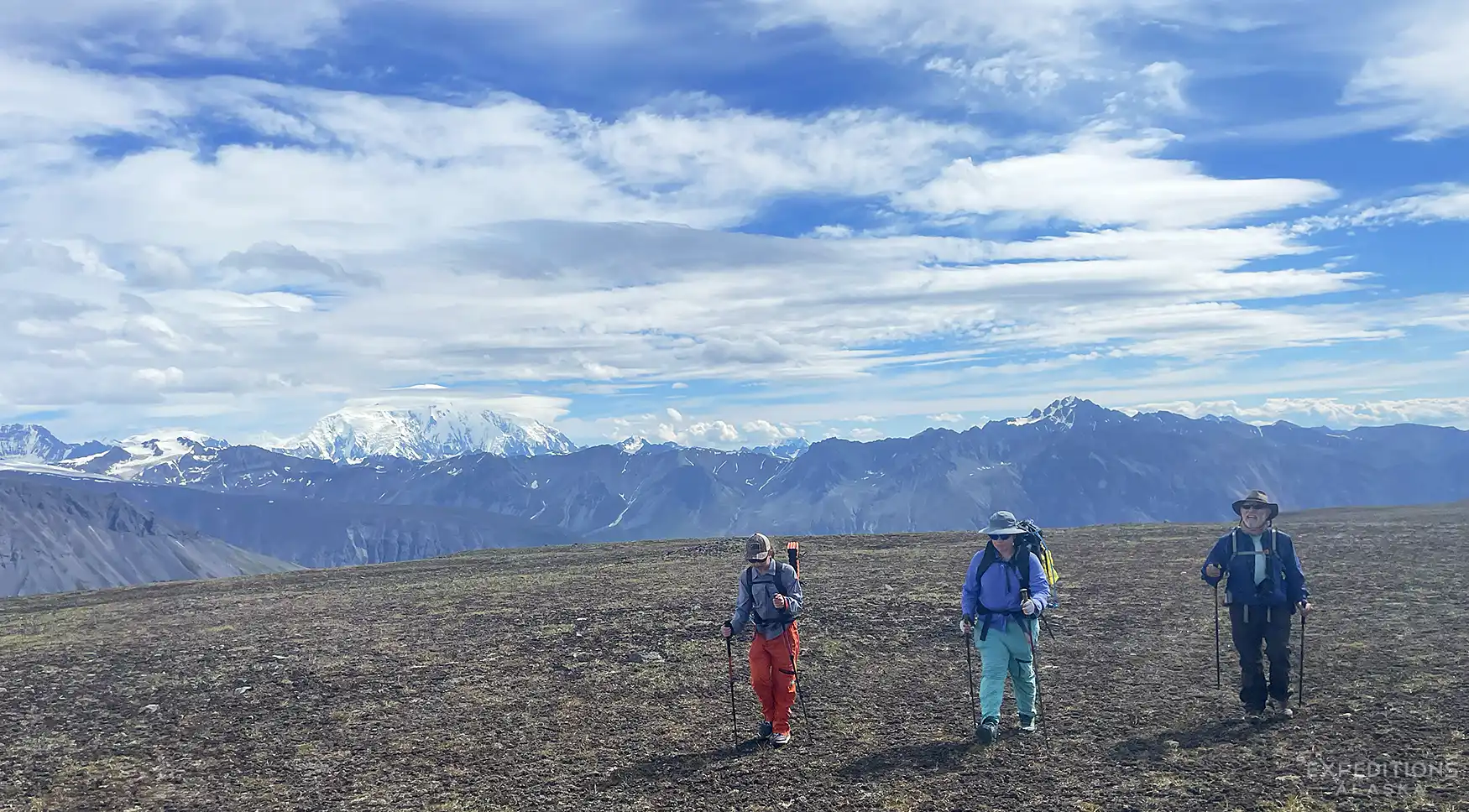 Hiking on Wrangell plateau, Wrangell-St. Elias National Park.