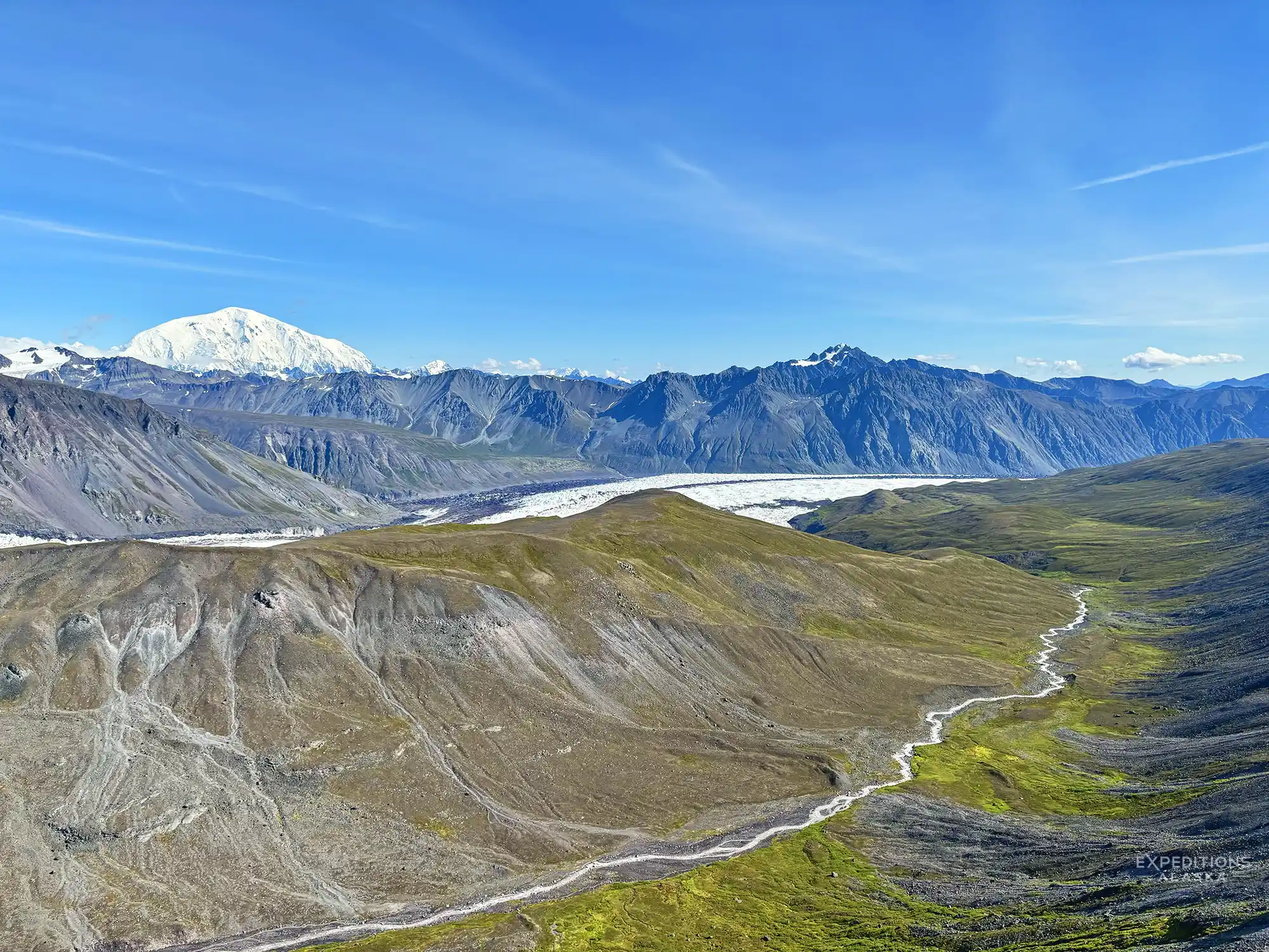 Views of the Wrangell Mountains, and Mount Blackburn, Wrangell-St. Elias National Park, from the Wrangell Plateau, Alaska.