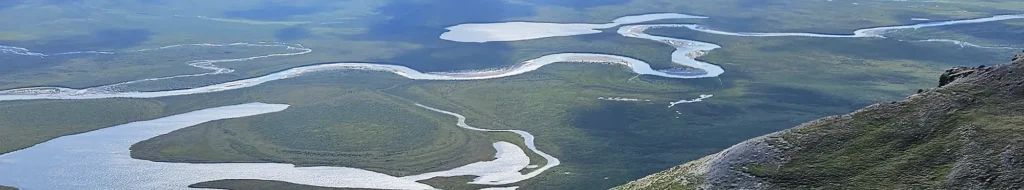 Looking down on the Noatak River from the Brooks Range mountains on our Noatak River packrafting trip.