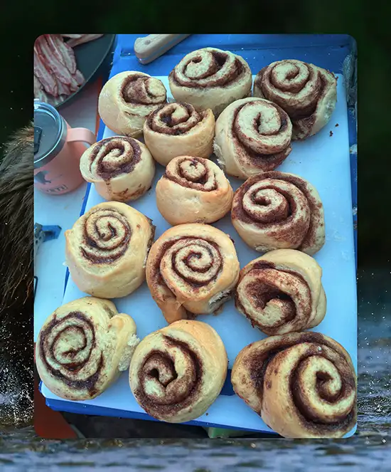 Fresh baked cinnamon rolls in Katmai National Park, Alaska.